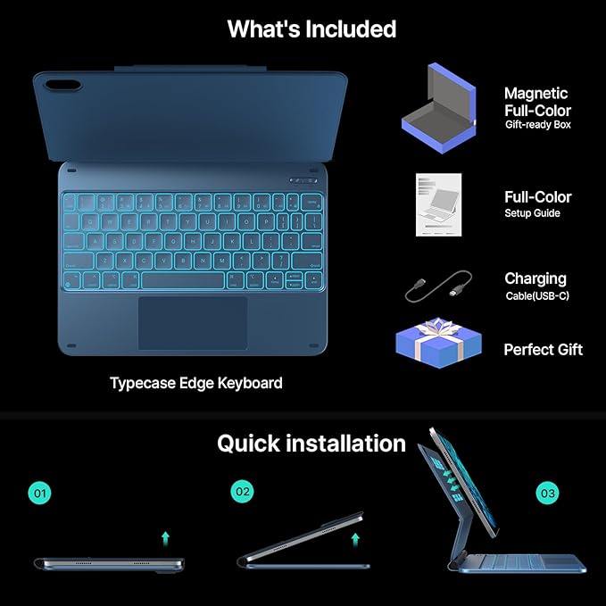 typecase Edge Keyboard Case for iPad 11th Gen A16 (2025) & 10th Gen 10.9" (2022) – Multi-Touch Trackpad, 11-Color Backlit Magic-Style Keyboard – Floating Magnetic Stand, Pencil Holder – Pacific Blue