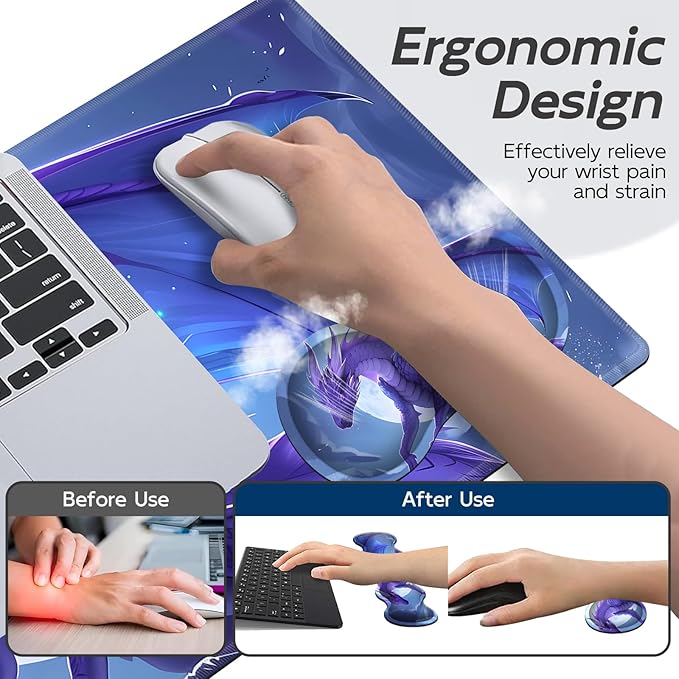 Gaming Mouse Pad Set, Majestic Purple Dragon Large Desk Mat Mousepad, Keyboard Wrist Support, Mouse Wrist Rest, Coaster 4in1 Ergonomic Memory Foam, Non-Slip Stitched Edge for Home Office