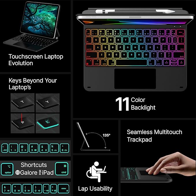 typecase Edge Keyboard Case for iPad 11th Gen A16 (2025) & 10th Gen 10.9" (2022) – Multi-Touch Trackpad, 11-Color Backlit Magic-Style Keyboard – Floating Magnetic Stand, Pencil Holder – Black