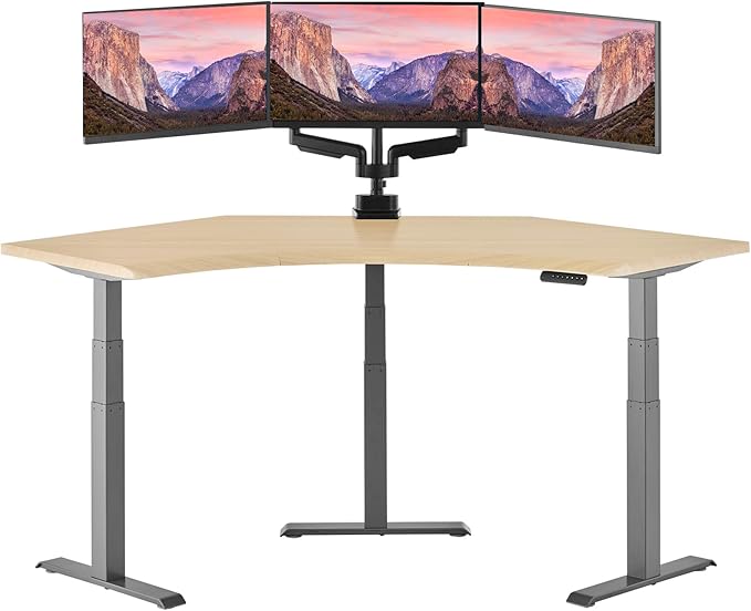 Vari Command Center Electric Standing Desk – 120° Curved Sit-Stand Gaming Desk Corner Workstation for Triple Monitors + Sloped Front Edge, 4 Height Settings, 200 lb Capacity (Light Wood/Slate)