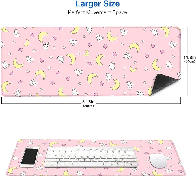 IMAYONDIA Pink Kawaii Desk Pad, Cute Moon Bunny Desk Mat Computer Pad Desktop,Laptop Protector Aesthetic Anime Mousepad Writing Pad for Office Home School,Large Gaming Mouse Pad Tarot Mat,31.5 X 11.8