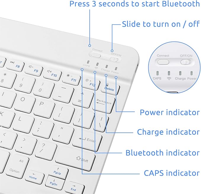 Amazon Fire HD 10/11/8 Wireless Keyboard,Universal Slim Portable Bluetooth Keyboard Compatible with Amazon Fire HD 10/11/8 with Built in Rechargeable Battery (10 Inch White)