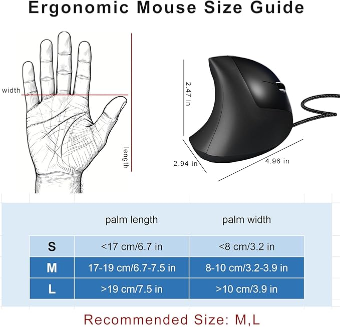 ROCK&ROWN Wired Ergonomic Mouse,Vertical Mouse with Nylon-Braided Cable,6 Buttons,6400 Adjustable DPI,Silent Mouse for PC,Mac,Laptop - Black