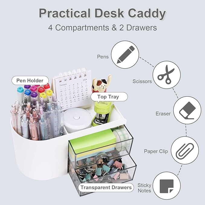 Desk Organizer with Drawer, Pen Organizer for Desk, Small Pencil Holder, Desk Organizers and Accessories for Office Home Storage (2 Drawers+4 Compartments, White)