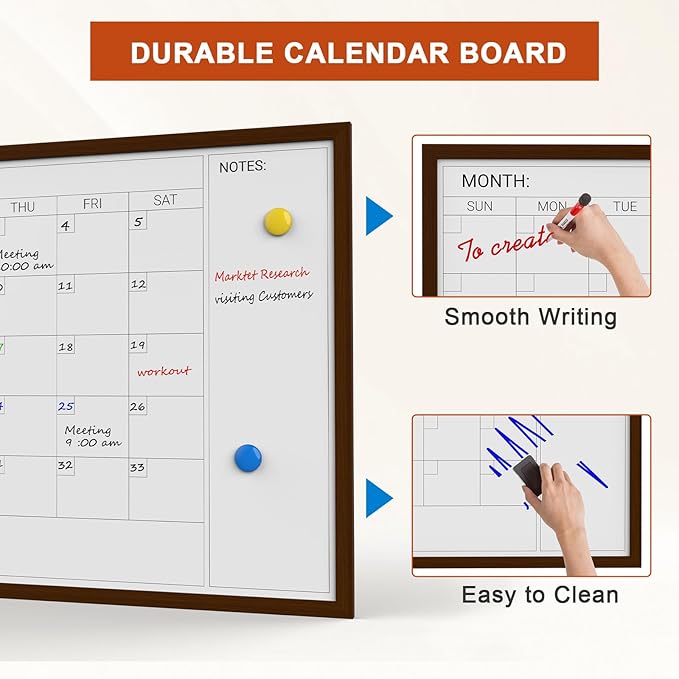 Comix Dry Erase Calendar Whiteboard for Wall, Magnetic Dry Erase White Calendar Board with Brown Wood Frame, 36 * 24 inches Decorative Planner Board for Office, Kitchen, School, Home