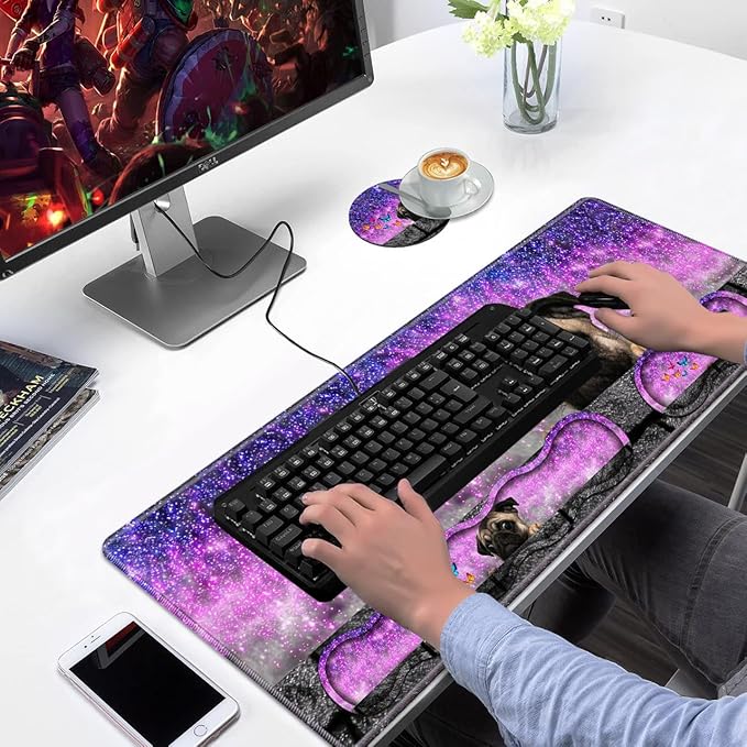Ergonomic Keyboard Wrist Rest & Mouse Pad Wrist Rest Set, Large XXL Gaming Desk Mat 31.5"x 11.8" with Non-Slip Base, Memory Foam, Easy Typing Pain Relief for Home & Office, Cute Pug and Butterfly