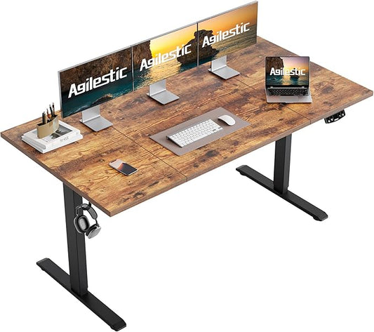 Agilestic Electric Standing Desk, 63 x 24 Inches Height Adjustable Desk, Sit Stand up Desk for Work Office Home, Splice Board, Vintage Brown