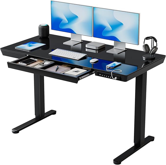BANTI Electric Standing Desk with Drawers, 48 inch Whole-Piece Glass Desktop, Height Adjustable Stand up Sit Stand Home Office Ergonomic Workstation, Black Tabletop
