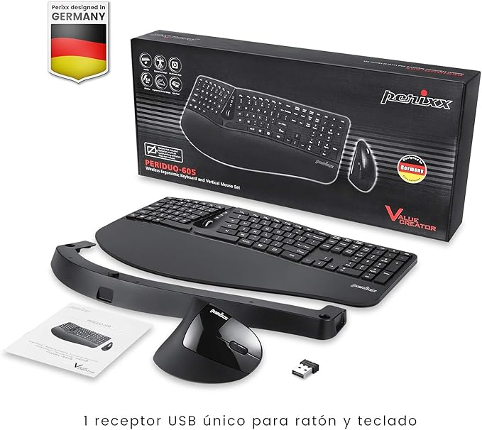 Perixx PERIDUO-605 ES, Pack de Teclado Ergonómico Inalámbrico - separación de teclas y Ratón Vertical con reposa muñeca y Teclas de Membrana Low Profile - QWERTY Español