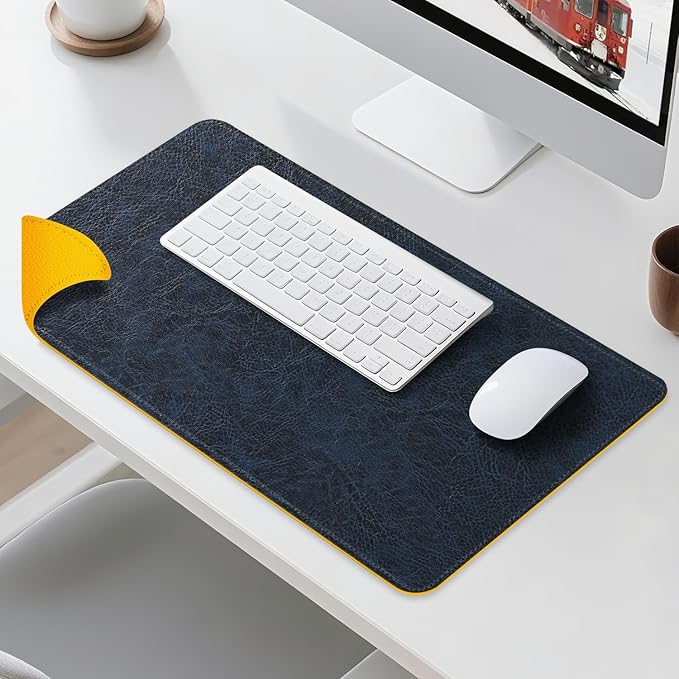 Imitation Crazy Horse Leather Desk Mat - Waterproof Desk Pad - Ideal for Large Mouse Pad and Desk Mats on Top of Desks (Dark Blue+Yellow, 25"*13")
