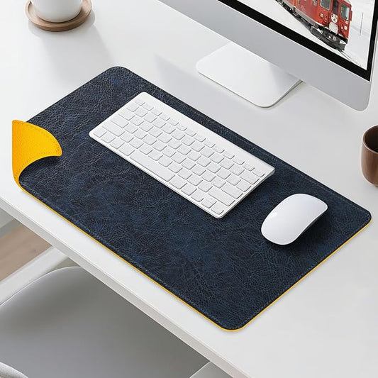 Imitation Crazy Horse Leather Desk Mat - Waterproof Desk Pad - Ideal for Large Mouse Pad and Desk Mats on Top of Desks (Dark Blue+Yellow, 25"*13")
