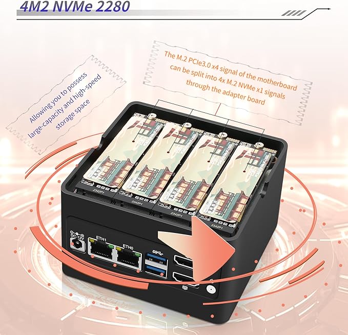 4 x NVMe Mini NAS Server, 4 Bay NAS N150 Pocket PC with Dual i226-V 2.5GbE LAN,Dual HDMI 2.0,USB3.2 Gen2,Support BT5.4/WiFi6/WiFi7 (Intel N150, 16G RAM 512G SSD)