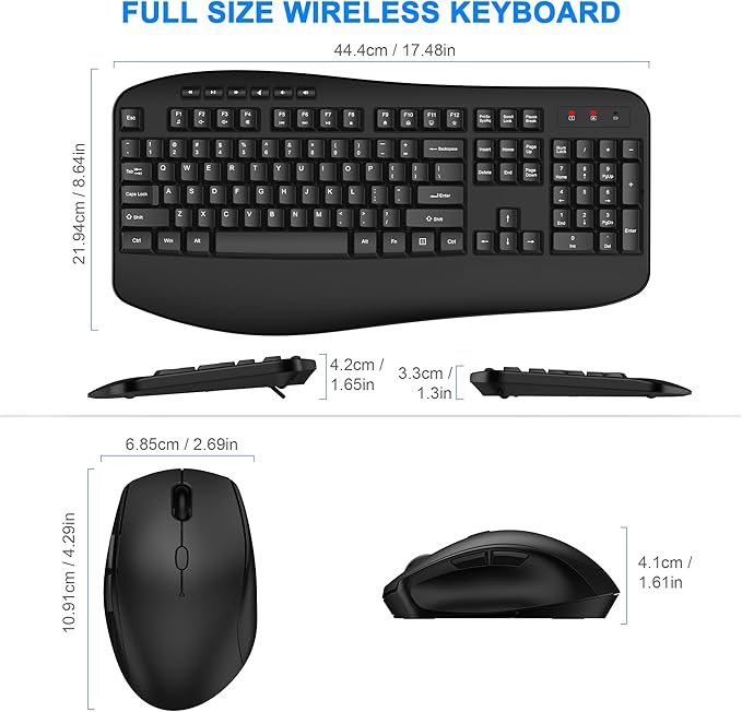 Wireless Keyboard and Mouse Combo, Full Size Ergonomic Keyboard with Palm Rest, Comfortable Natural Typing, 2.4G Lag-Free, Sleep Mode, 3 Level DPI Computer Mouse Keyboard for Laptop, Desktop, Windows