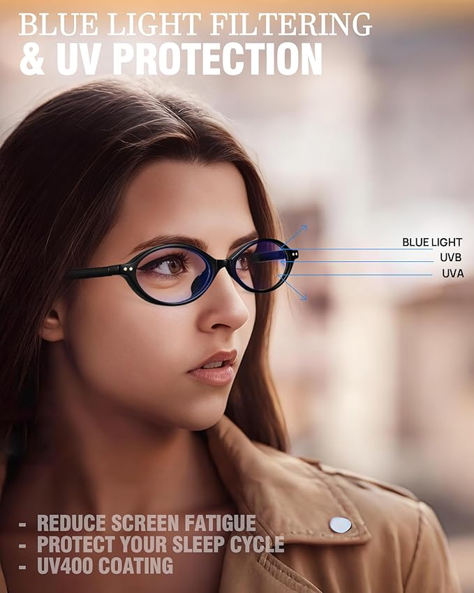 2 Pack Oval Blue Light Glasses for Women, Lightweight TR90 Small Frame with Spring Hinge for All-Day Comfort, Anti UV Glare & Eyestrain
