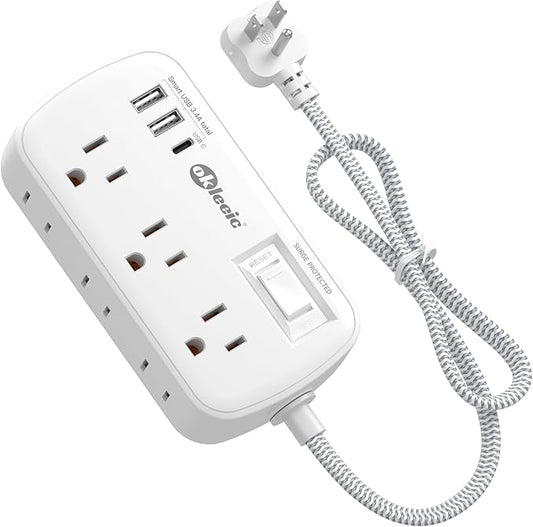 Short Extension Cord 2 Foot - Flat Plug Small Power Strip Surge Protetor with 6 Outlets 3 USB (5V/3.4A 17W) Charging Ports, Multi Plug Wall Outlet Splitter for Home Office Dorm Roomc, White