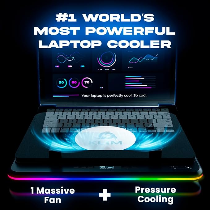 KLIM Turbofrost MAX - RGB Laptop Cooling Pad, Gaming Laptop Cooler with Powerful Turbofan XL, Fast Cooling Laptop, 15.6-17in, Smart Inlay System for Optimal Airflow, Adjustable Speed, LCD Screen