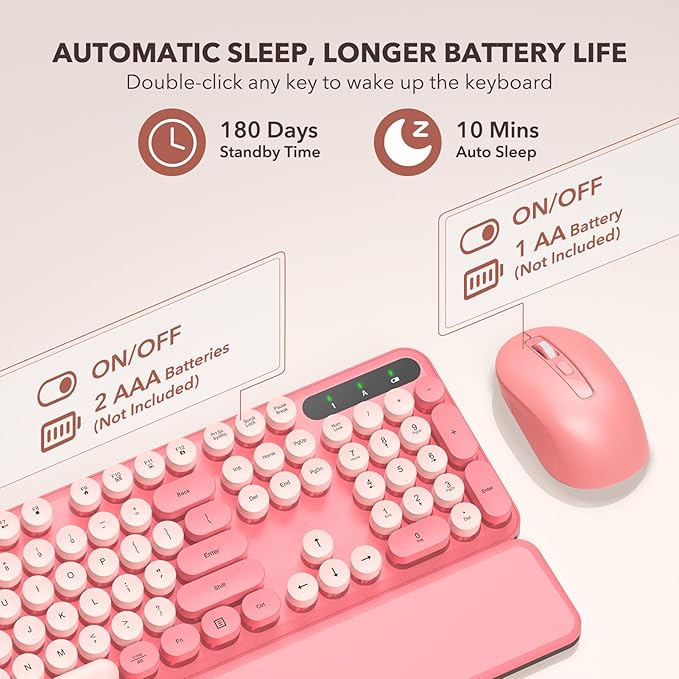 Wireless Keyboard and Mouse Combo, Cute Full-Size Retro Typewriter Keyboard with Round Keycaps, Magnetic Wrist Rest, Tilt Legs, 2.4GHz Cordless for Mac, Windows PC, Laptop, SABLUTE CK23, Baby Pink