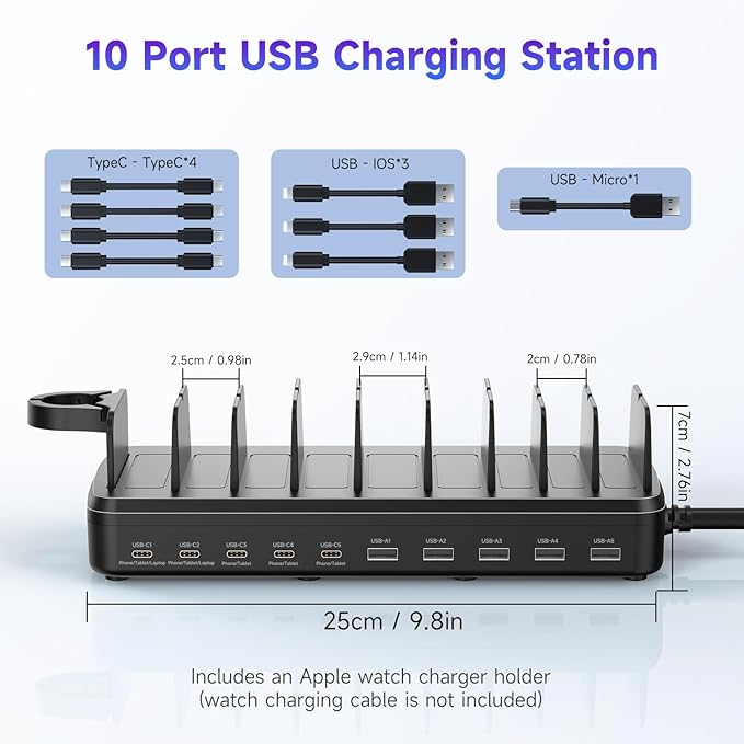 320W Charging Station for Multiple Devices, 10 Ports Fast Multi-Device Charger Organizer Compatible with MacBook Pro Laptop, iPhone, Android, Ipad, Tablet, Kindle, Multi-Device Charging Dock（Black）