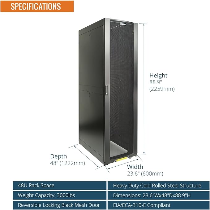 Tecmojo 48U Server Rack Cabinet - PRE-Assembled 24inch Width 48inch Depth IT Network Equipment Cabinet Rack Enclosure with Casters - 3000lbs Weight Capacity(06Black)
