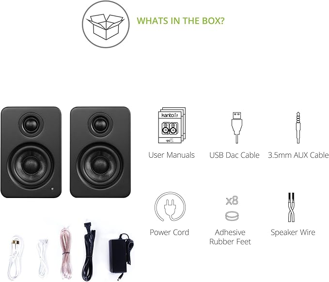 Kanto YU2MB PC Gaming Desktop Speakers | 3" Composite Drivers | 3/4" Silk Dome Tweeter | Class D Amplifier | 100 Watts | Built-in USB DAC | Subwoofer Output | Pair | Matte Black