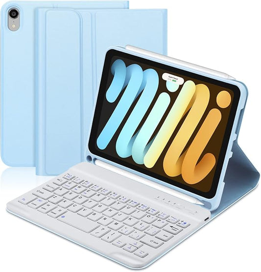 BORIYUAN Keyboard Case for iPad mini (A17 Pro) 7th Generation 2024 / iPad mini 6th Gen 8.3 Inch, Detachable Wireless Bluetooth Keyboard, Soft TPU Back Cover with Build-in Pencil Holder, Sky Blue