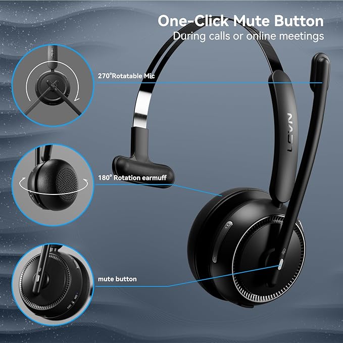 LEVN Wireless Headset 5.2, Wireless Headset with Mic for Work with(Noise Cancelling),Bluetooth Headphones for Work from Home/Office/PC/Computer/Center(Black)