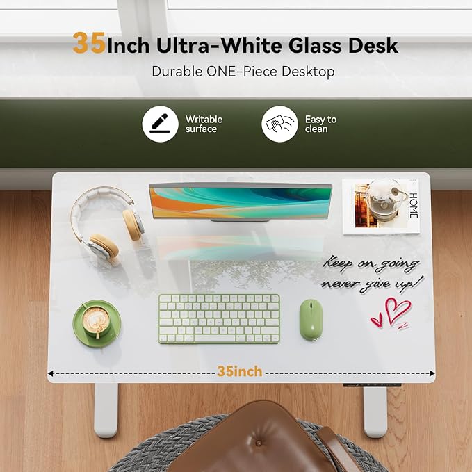 Glass Standing Desk with Drawer, 35×20Inch Whole Piece Height Adjustable Rising Desk, Electric Sit Stand Desk with Wheels, Small Computer Desk, White