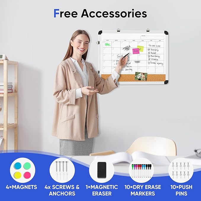 VUSIGN Dry Erase Calendar Whiteboard for Wall, 17'' x13'' Magnetic Whiteboard Cork Board Combo, Small Monthly White Board with Marker, Eraser & Push Pins in Home Office Kitchen School Planner