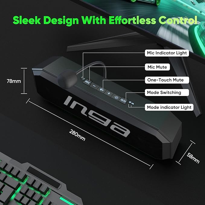 INGA Computer Speakers with Detachable Mic, Plug-and-Play USB Soundbar with Dynamic Lighting, Game/Music Modes, Compatible with PC, Laptop, PS5, Mac (10W)