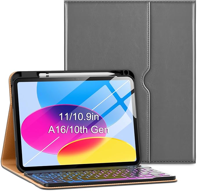 VIKESI Keyboard Case for iPad (A16,2025) 11th Generation/iPad 10th Generation Case (10.9" 2022),Premium Leather Smart Cover,Built-in Breathing Light,Function Row,Pencil Holder,Card Slots - Grey