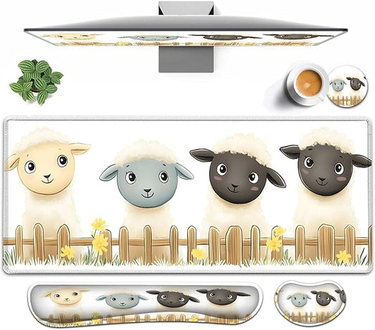 Large Mouse pad and Keyboard Support Set, Ergonomic Memory Foam Keyboard Wrist Rest, Extended Gaming Mouse Pad with Stitched Edges, Cute Little Lamb White XXL Desk Mat (31.5 X 11.8 in)