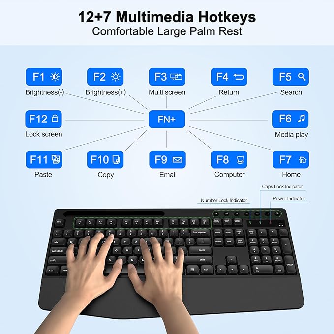 Wireless Keyboard and Mouse Combo with Palm Rest, Phone Holder, Full-Size Quiet Wireless Ergonomic Keyboard and Mouse, Comfortable Natural Typing Compatible for Windows, Laptop, Mac, PC