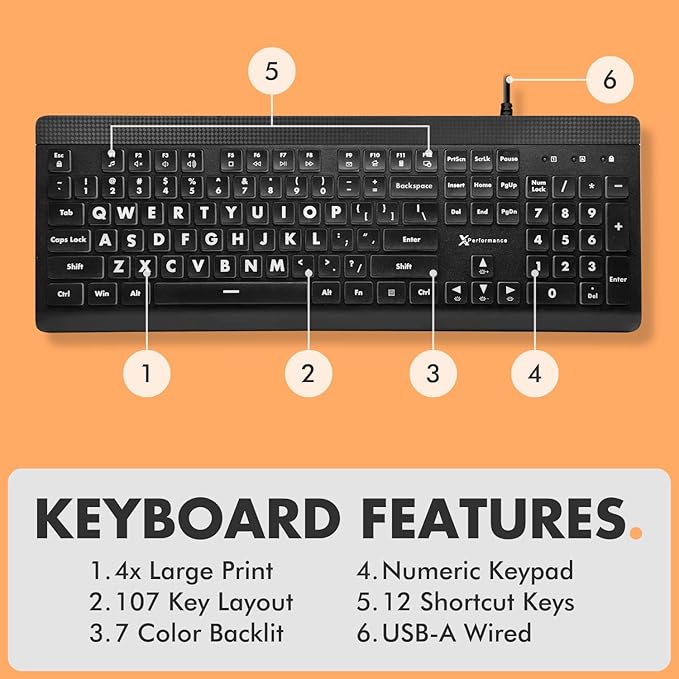 X9 Performance Wired Keyboard and Mouse Combo - Easy to See Backlit Large Print Keyboard Mouse for PC and Windows with 107 Light Up Keys, 7 Color LEDs, USB Wired, 4 DPI Modes