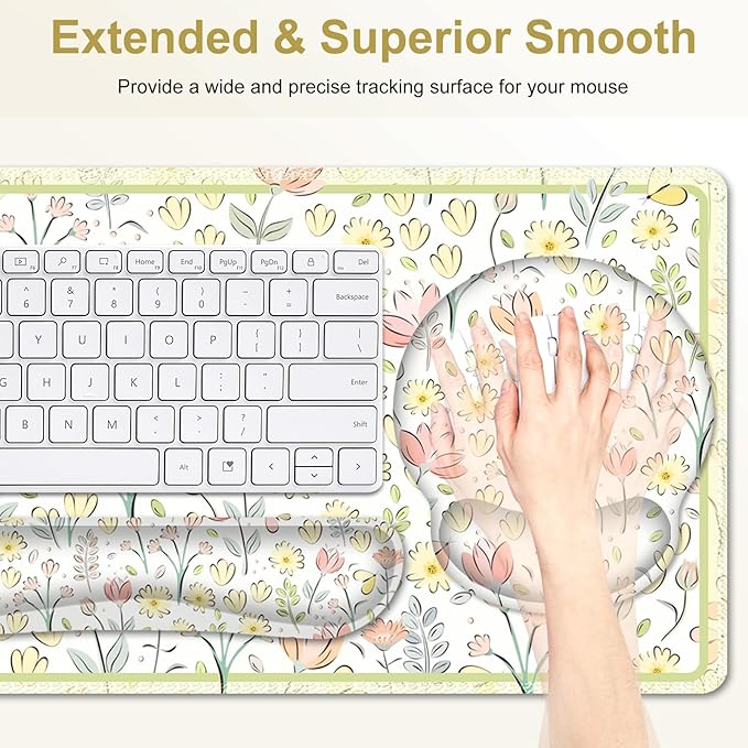 Desk Mat, 4in1 Large Mouse Pad with Wrist Rest, Cute Desk Mat, Anti-Slip XXL Computer Ergonomic Mousepad with Wrist Support for Keyboard and Mouse, Nice Yellow Flowers