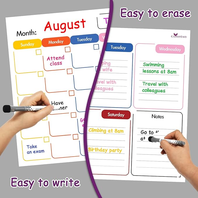 3-Piece Re-stickable Whiteboard Planner Set, Dry Erase Monthly Calendar, Weekly Planner, Shopping List, and 6 Colorful Markers with Erasers, Fridge or Wall Organizer and Scheduler for Home or Office