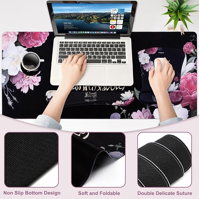MEGREZ 4-in-1 Ergonomic Memory Foam Wrist Rest Set, Desk Pad, Mouse Pad with Wrist Rest, Keyboard Pad, Suitable for Office Workers, Programmers & Gamers–Relieve Typing & Gaming Fatigue, Black