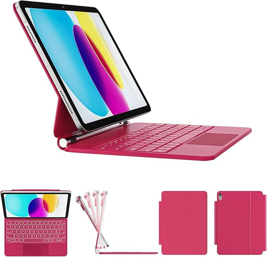 for iPad 11th(A16, 2025)/10th Generation Case with Keyboard, Magic Keyboard 2022, Springy Backlit Keys, Stain-Resistant Surface, Multi-Touch Trackpad, Azalea Red