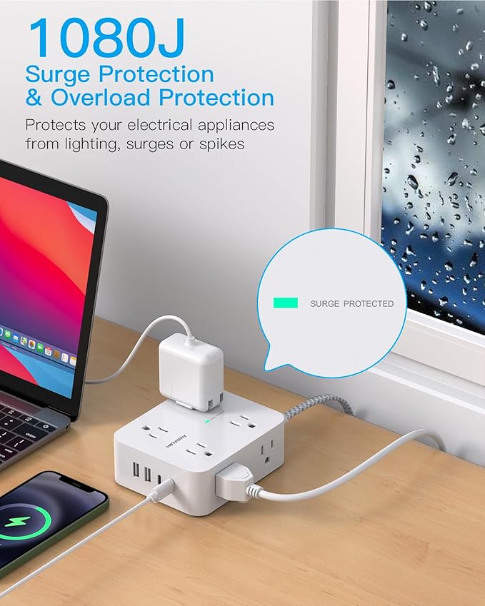 Flat Plug Extension Cord with Multiple Outlets, HANYCONY 1080J Surge Protector Power Strip with 8 AC Outlets 4 USB Ports (2 USB-C), 3-Sided Outlet Extender Ideal for Home Office Dorm Room Essentials
