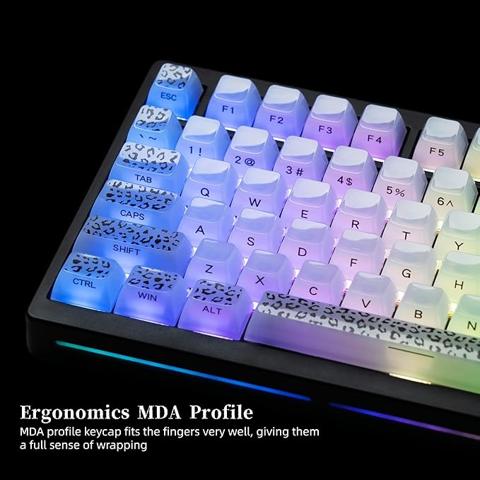 Womier Keyboard Keycaps Jelly, White Ceramic Keycaps Style, Leopard Print Key Cap,Transparent Side Printed Custom 60 65 75 100 Percent for Cherry MX,Gateron Mechanical Keyboards,MDA Profile