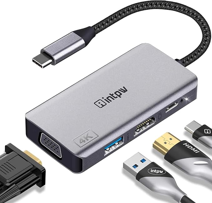 USB C Hub, 4 in 1 VGA to HDMI Adapter with PD 100W, 4K HDMI, Type-A 3.0 5Gbps, 1080P VGA, Alumimun USB Hub for Laptop, MacBook Pro/MacBook Air/ipad Pro/Dell XPS