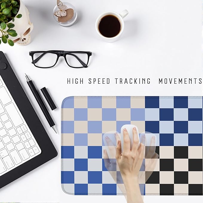 Checkered Desk Mat Blue Large Mouse Pad with Stitched Edges, XXL Keyboard Pad Mouse Mat for Computer Deor Desk Matt for Desktop 31.5 X 15.7In