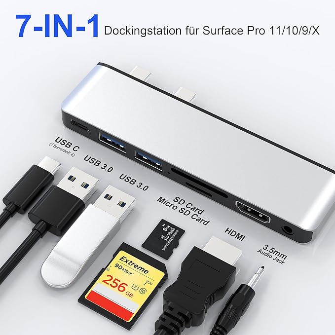 Surface Pro 11/10/9 Docking Station Adapter - 7-in-1 Surface Pro 11 Hub Accessories for Dual Monitor, with 4K HDMI, USB C Thunderbolt 4 (8K/40Gbps/100W PD), 2 USB 3.0, SD/TF Card Reader & 3.5mm Jack