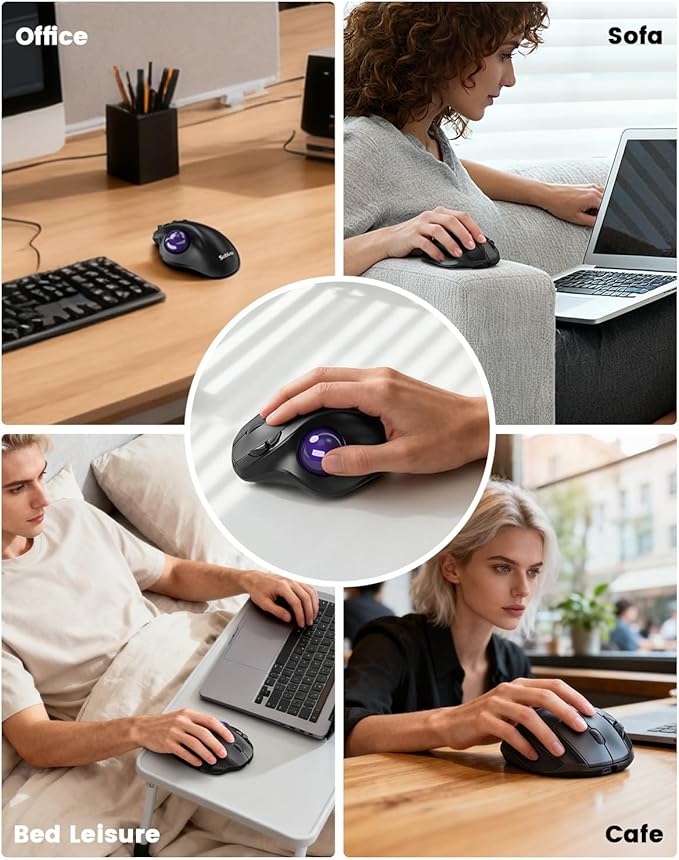 SABLUTE MAM2 Wireless Trackball Mouse with 5-Level DPI, Ergonomic Mouse 2.4G Plug-and-Play for 3 Devices (Bluetooth or USB), 500mAh Battery, Compatible with PC/Laptop/Mac/Windows-Purple Ball