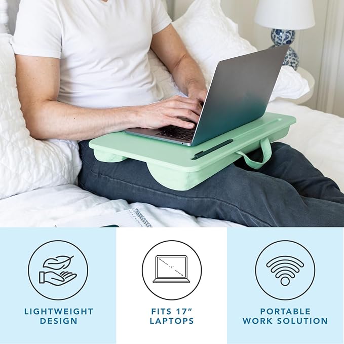 LAPGEAR Original Lap Desk – Large (17.9” x 13”) | Fits Up to 17.3” Laptops | Cushioned with Device Ledge, Pencil Tray & Handle | Portable & Lightweight | Sage Green – Style No. 45151