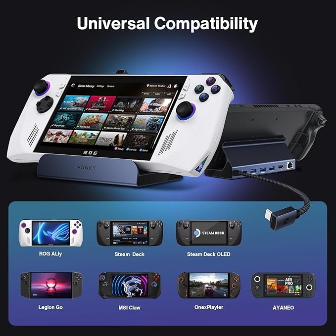 iVANKY 4K@144Hz Steam Deck Dock, 8-in-1 Docking Station for ASUS ROG Ally X/Legion Go/MSI Claw, ROG Alloy/Valve Stream Deck OLED Hub, HDMI 2.1, 1Gbps Ethernet, 3*USB-A 3.0, with 65W Power Adapter