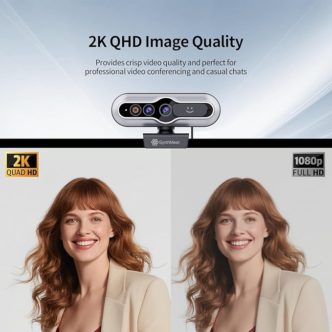 Windows Hello Webcam, 2K 30FPS, 5MP 84°FOV USB Webcam with Noise-reducing Mic, Facial Unlocked, Built-in Privacy Cover, Plug and Play, Wide Compatibility for Personal Meetings, Video Calls