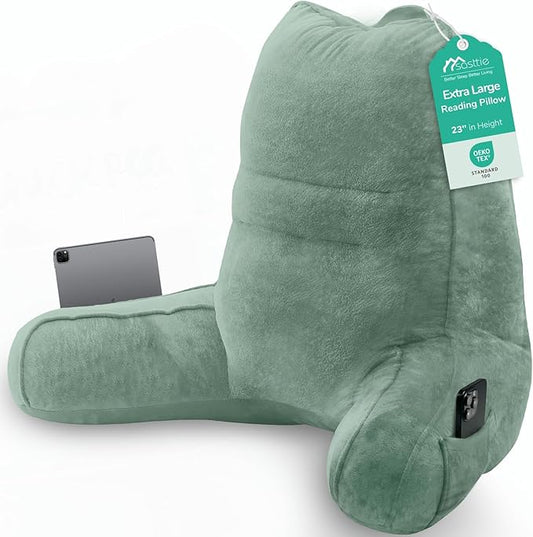 Sasttie Reading Pillow for Bed - 23 Inch, Back Pillow for Bed Sitting Up, Back-Rest Support Cushion with Side Pockets and Arms, Dorm Essentials, Oeko-Tex Certified, Sage