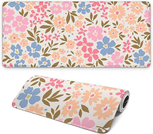 Gaming Mouse Pad with Non-Slip Base, Cute Mouse Mat with Stitched Edges for Keyboard and Mouse, Large Anime Mousepad for Computer, 31.5 x 11.8 inches (Pink Flower)