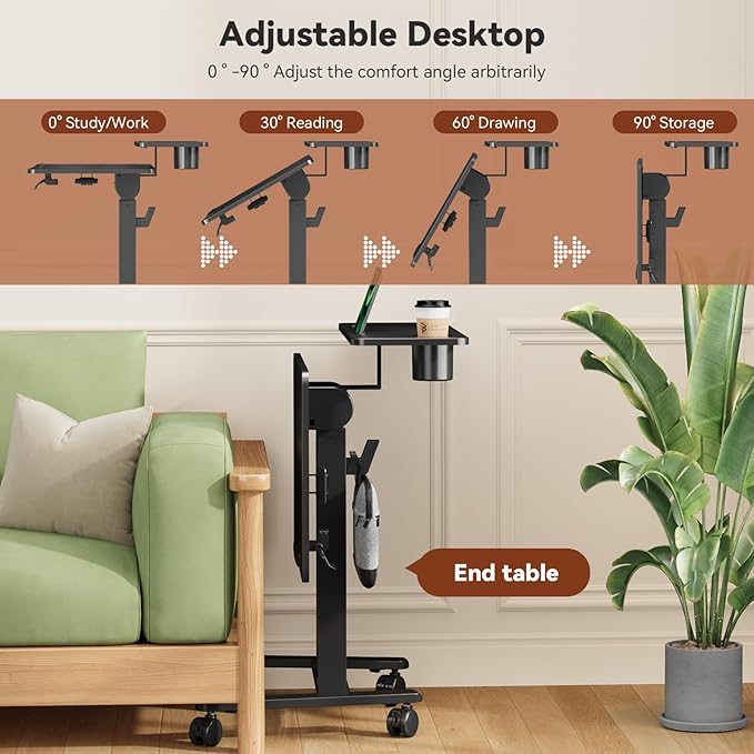 28Inch Rolling Standing Desk On Wheels， Small Computer Workstation Adjustable Height， Mobile Laptop Stand with Tiltable Desktop， 2-Tier Portable Study Table with Storage Shelves， Black