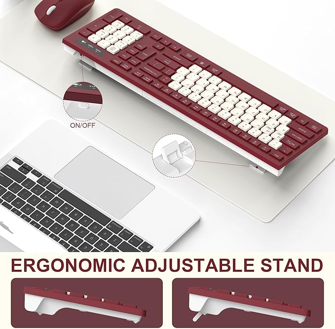 Wireless Keyboard and Mouse Combo, Full-Sized Wireless Keyboard and Adjustable DPI Mouse, 2.4GHz USB Receiver, Keyboard and Mouse for PC, Windows, Desktop, Laptop (Wine Red-B)